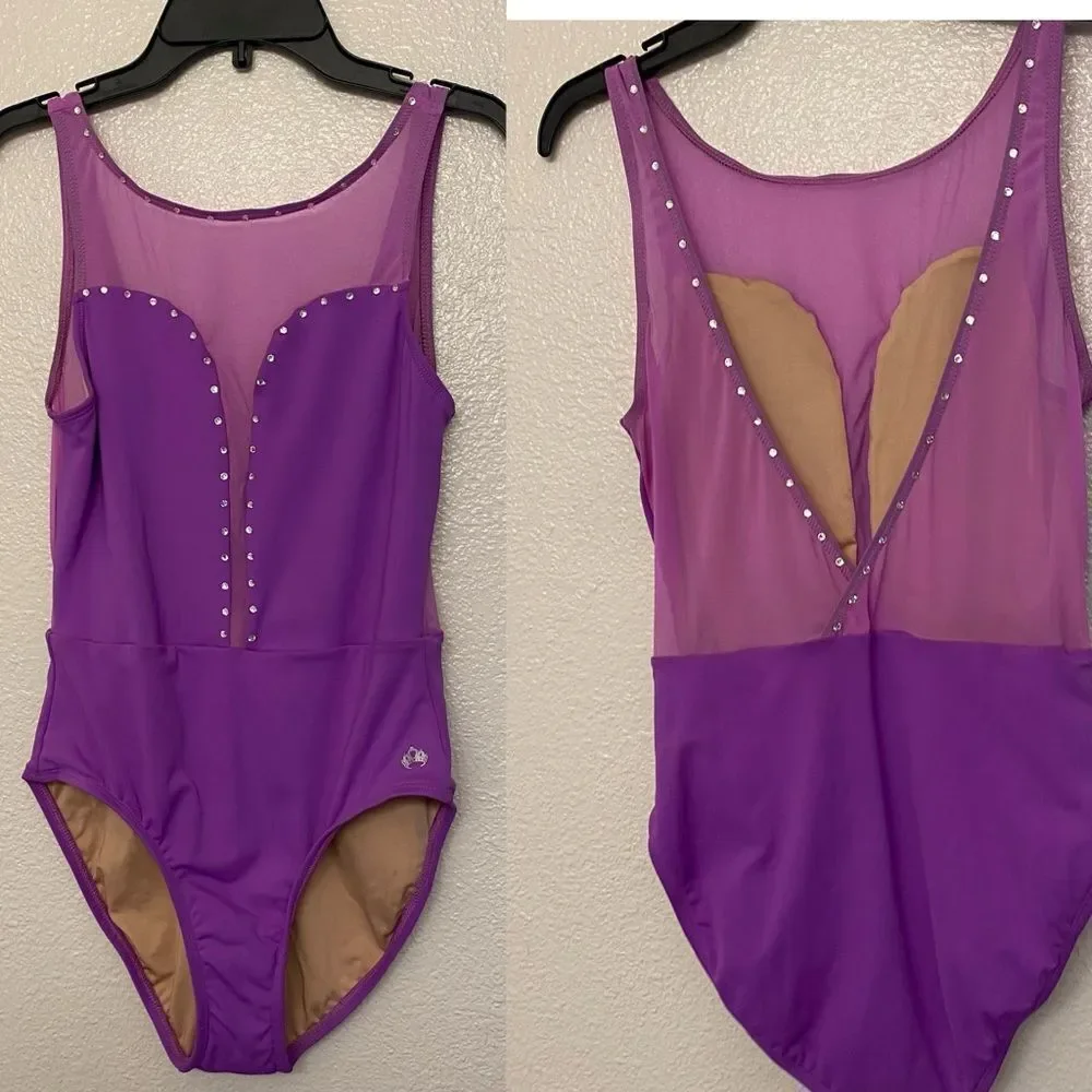 Mariia M2 Cutout Bodice Tank Leotard mesh, custom rhinestoned lavender purple MA